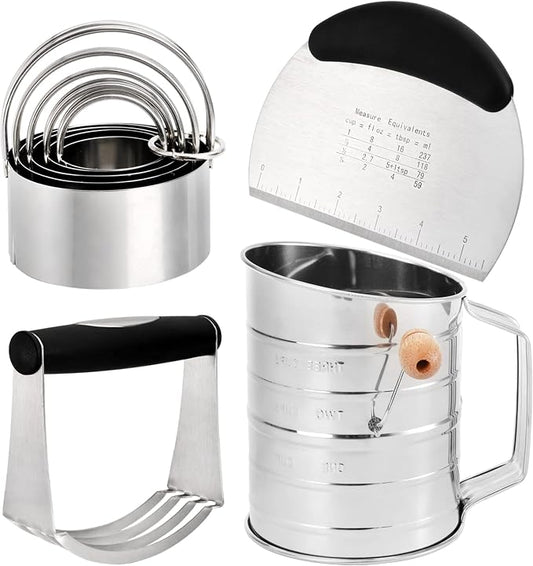 Tosnail Pastry Cutter, Dough Blender, 3 Cup Flour Sifter and Biscuit Cutter, 8 Pieces Stainless Steel Professional Dough Tools for Baking Cookies and Donuts
