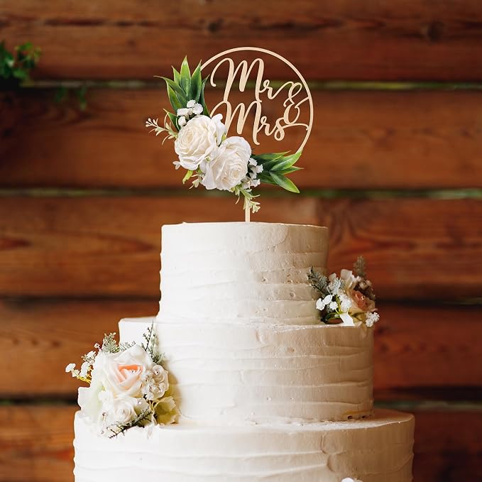 Mr & Mrs Wedding Cake Topper in Wood with Handcrafted 3D Artificial White Flowers and Green Leaves Design Cake Decoration for Wedding 3D White Roses