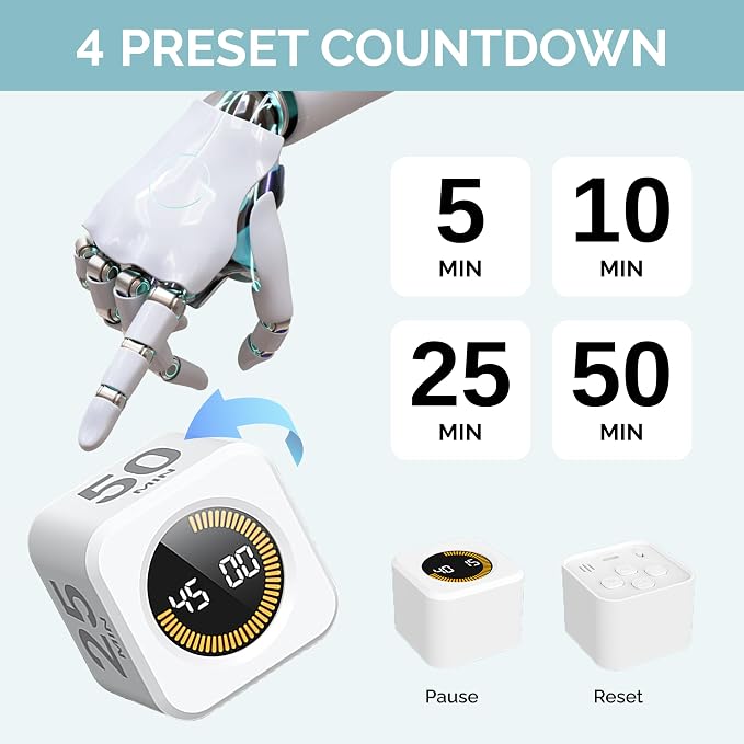 KADAMS Pomodoro Timer Visual - Productivity Pomodoro Cube, 5/10/25/50 Min Countdown & Countup, Silent – Ideal for Work Study Cook Workout Kitchen School Classroom Office Gift Kids (1, White)