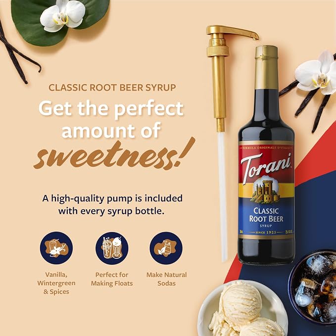 Torani Classic Root Beer Syrup for Drinks, Flavoring for Soda, Floats, and Shakes, Glass Bottle with Pump Included, 25.4 Fl Oz