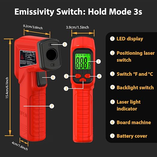 FKM Laser Thermometer Gun Non-Contact Infrared Temperature Gun,-58°F~986°F(-50°C~530°C) AdjustableEmissivity,Digital Thermometer Gun for Industrial,Kitchen Cooking,Oven,Automotive,HVAC,Not for Human
