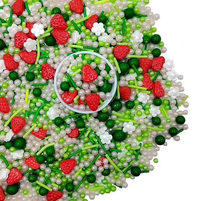Edible Strawberry Sprinkles for Cake Decorating, Edible White Flower Sprinkle Strawberry Shortcake Baby Shower Decorations Sprinkles Cookie Decorations Cupcake Toppers Ice Cream Donut Decoration