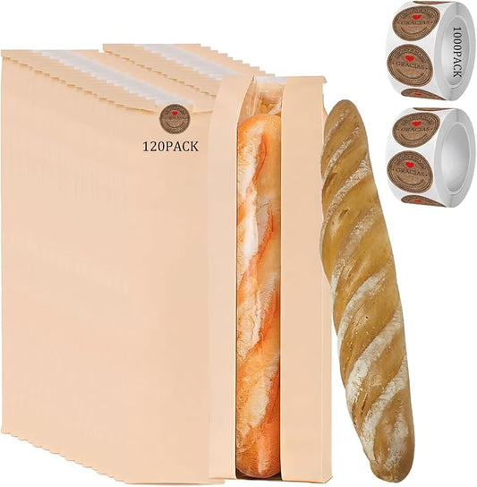 Bread Bags for Homemade Bread with 1000 Labels, 120-Pack 4.5 x 2.5 x 16 Inch Paper Bags for Bread with Clear Window, Bakery Gift Packaging for Baguette, Sourdough Storage