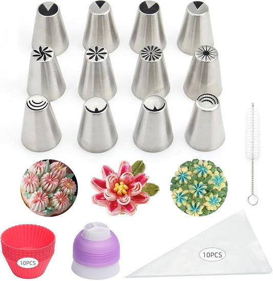 34 Pieces Stainless Steel Russian Flower Icing Tips Set,12 Special Russian Piping Nozzles,1 Cleaning Brush,1 Plastic Coupler,10 Silicone Cupcakes Mold,10 Disposable Pastry Bags for Cake Decorations
