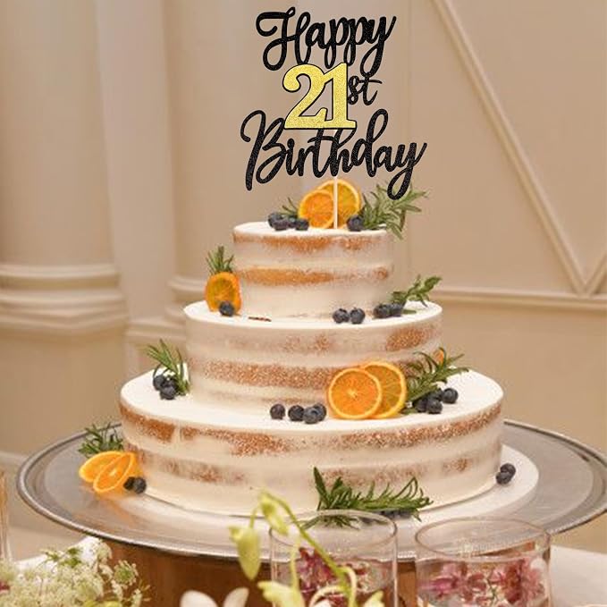 1 PCS Happy 21st Birthday Cake Topper - Black Gold Glitter Cheers to 21 Years - Fabulous Cake Decoration for 21st Birthday Party