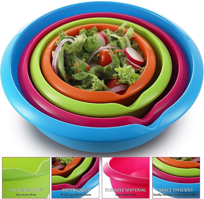 DilaBee Set of 4 - Colorful Mixing Bowls - Plastic Mixing Bowl Set for Prep – Stackable Mixing Bowls for Kitchen – Microwave & Dishwasher Safe – BPA Free – for Cooking Serving Salads, Snack,