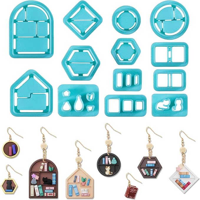 ORIGACH 13 Pcs Mini Bookshelf Polymer Clay Cutters Set | Book Vase Frame Design Clay Cutters for Polymer Clay Jewelry Earrings with a Clear Storage Box