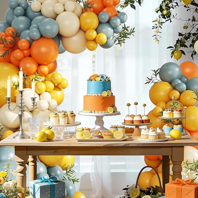 Here Comes the Son Balloon Arch Kit, 124Pcs Boho Retro Dusty Blue Burnt Orange Yellow Ivory White Balloons for Baby Shower First Trip Around the Sun Sunshine Theme Birthday Party Decorations