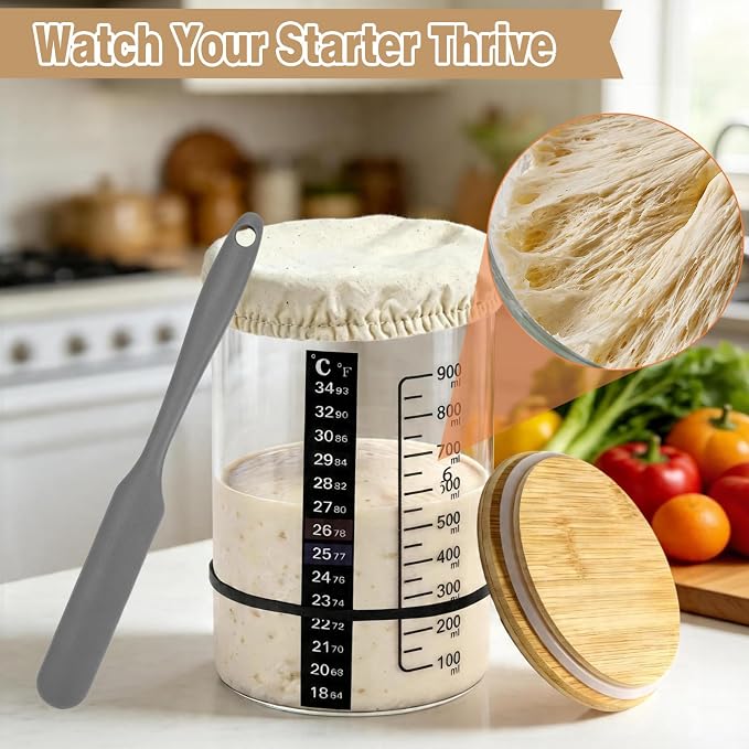 32oz Sourdough Starter Jar Kit with Wooden Lid Breathable Cloth Cover, Glass Fermentation Container with Silicone Spatula, Temperature Sticker Date Feeding Tape for Home Bread Baking
