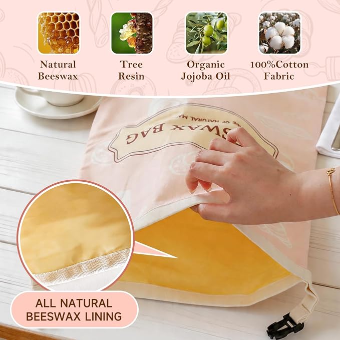 Beeswax Bread Bags for Homemade Bread, 2 Packs XL Reusable Cotton Linen Sourdough Bread Bags to Keep Bread Fresh (pink)