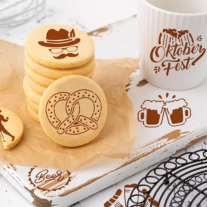 JULBEAR 36 Pieces Reusable Oktoberfest Cookie Cake Stencils Beer Stencils Bavarian Style Templates Mold Tools for Oktoberfest Party Cookies Baking Painting Coffee Decoration