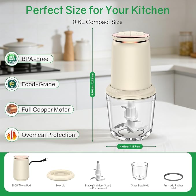 Baby Food Maker with Glass Bowl and Stainless Steel Blades, Small 300W Electric Food processor Vegetable Chopper for Home Kitchen, Baby Food Puree Blender for Fruit, Meat, 20oz, White (0.6L)