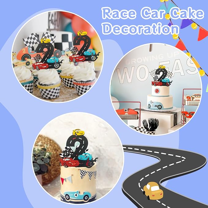 MEMOVAN Race Car 2nd Cake Topper Two Fast Cake Topper Racing Car Birthday Cake Decoration for Racing Car Checkered Flag Themed Girl Boy 2 Years Birthday Party Decoration Double Sided