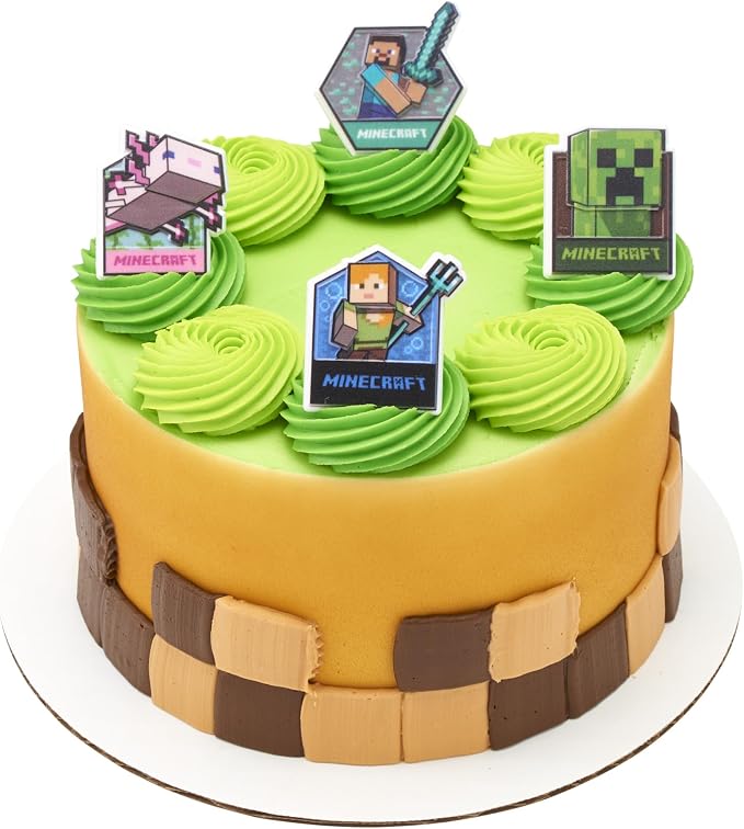 DecoPac Minecraft Lush Finds Rings, Cupcake Decorations Featuring Creeper, Alex, Steve and Axolotl! Multicolored 3D Food Safe Cake Toppers – 24 Count (Pack of 2)