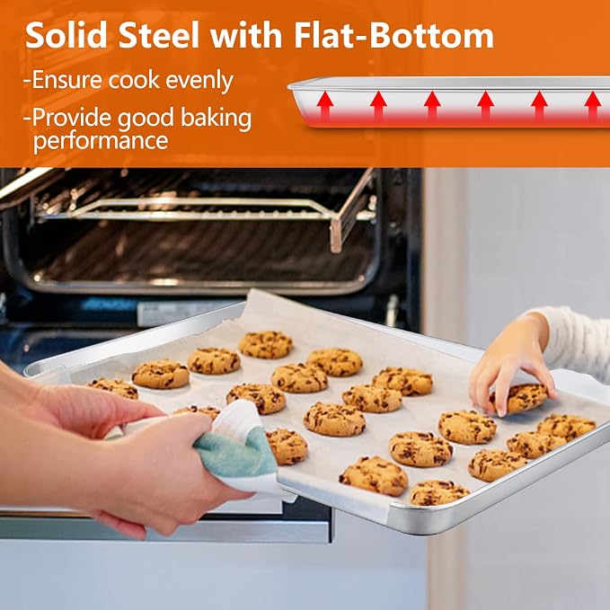 Large Baking Sheet, E-far 18”x13” Stainless Steel Cookie Sheet Pan for Oven with 50 Parchment Paper, Rectangle Metal Baking Tray for Roasting, Rust Free & Heavy Duty, Dishwasher Safe-2 Pack