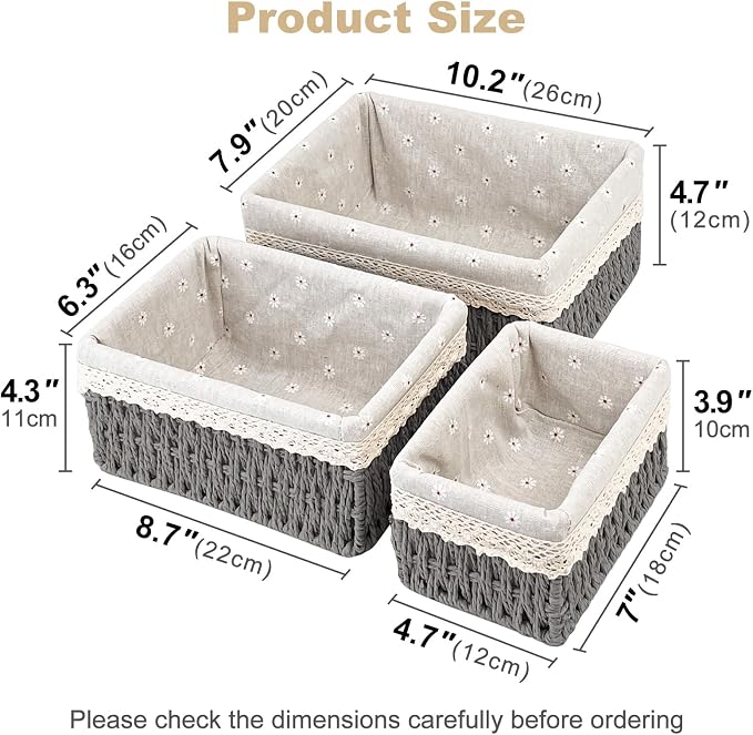 Wicker Storage Baskets 3-Pack Set, Hand-Woven Paper Rope Rattan Bins with Removable Liner, Multi-Size Organizer Baskets for Pantry, Countertop, Bedroom, Bathroom, Shelves (Grey, L+M+S)