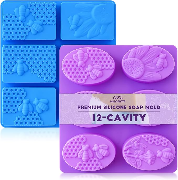 HKNMTT Silicone Bee Honeycomb Flower Oval Bar Molds, 6 Shapes 12 Cavities for Candy Soap Making Shower Steamer Homemade Bath Bomb Lotion Shampoo Bar Dessert DIY Set Non-stick Craft Food Grade 2 Pack