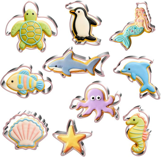 LUBTOSMN 10-Piece Ocean Cookie Cutter Set - Shark, Mermaid, Dolphin, Sea Turtle, Octopus - Dishwasher Safe Stainless Steel Molds for Under The Sea Birthday Party & Summer Baking