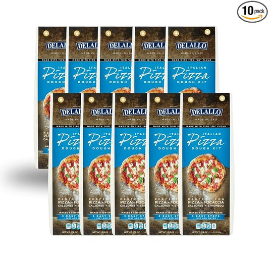 DeLallo, Italian Pizza Dough Kit, Pizza Crust Mix for Garlic Knots, Calzones, and Breadsticks, 00 Superfine Flour, Includes Instant Yeast Packet, Non-GMO, 17.6 oz Bag, (10 Pack)
