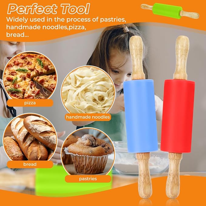 Mini Rolling Pin for Kids, 9 Inch Wooden Handle Rolling Pin Non-Stick Silicone Rolling Pins for Children Cake Baking