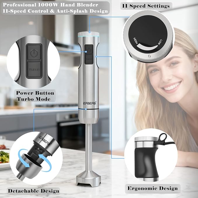 Handheld immersion Blender 11-Speed, 1000W Immersion Blender with Anti-Splash Design, Stainless Steel Blade for Blending Soup, Smoothies, Mayonnaise,Making Food Is More Convenient