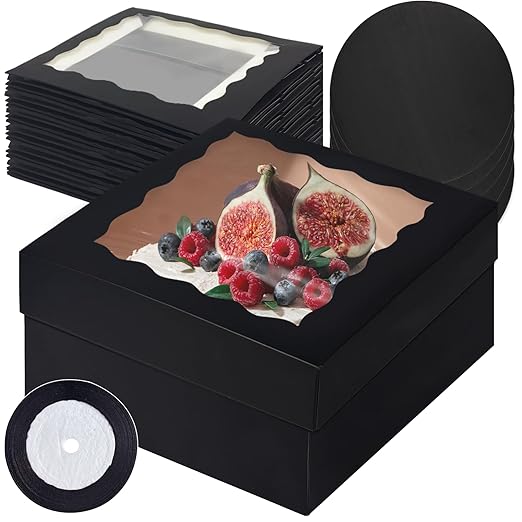qiqee 12x12x6 Cake Box, 18 Sets Black Cake Box with Window ＆ 18 Sets 12" Cake Round Boards, 12inch Cake Containers, 10 Meters Silk Ribbon