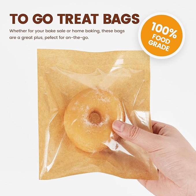 300 Pack Cookie Packaging Bags with Seal, 5.7x6.5 Inch Heat Sealable Paper Cookie Sleeves, Grease Resistant To Go Bakery Bags with Window for Bake Sale Brownie, Treat, Donut, Cake Slice, Scone