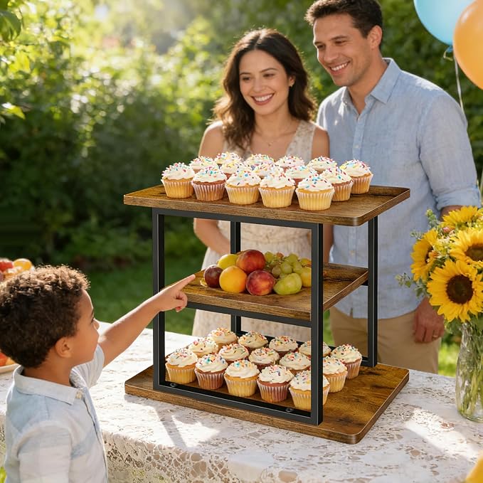 Cupcake Stand, 3 Tier Rustic Industrial Wood Cake Stand Cupcake Tower Stand, Dessert Table Display Set Tiered Tray Display Stand Serving Tray for Party, Birthday, Baby Shower
