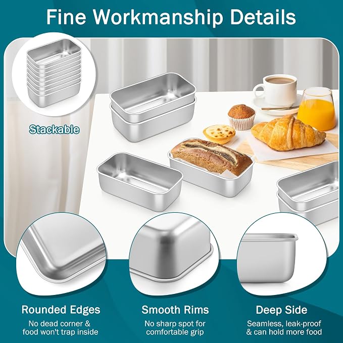 TeamFar Mini Loaf Pan, 8 PCS Stainless Steel Loaf Pans for Baking Bread, 6.3 x 3.5 Inch Bread Baking Pan for Homemade Bread, Meatloaf, Cake and Brownies, Non-Toxic, Oven & Dishwasher Safe