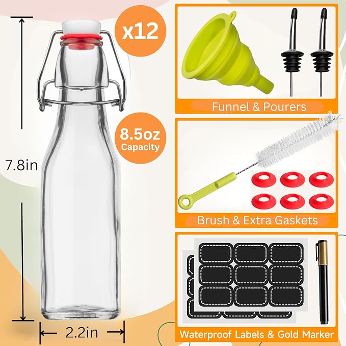 Vanilla Extract Bottles [8.5 oz, 12-Pack] – Flip Top Swing Top Glass Bottles for Homemade Extracts, Kombucha, Coquito, Juice – Airtight Leak-Proof Caps with Funnel, Extra Gaskets, Labels & Marker