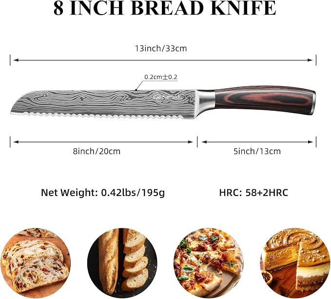 Sunnecko 8 Inch Bread Knife - High Carbon German Steel Serrated Bread Knife for Homemade Sourdough & Crusty Loaves, Ultra Sharp Kitchen Knife with Sheath, Professional Cake Slicer Gift for Mom and Dad