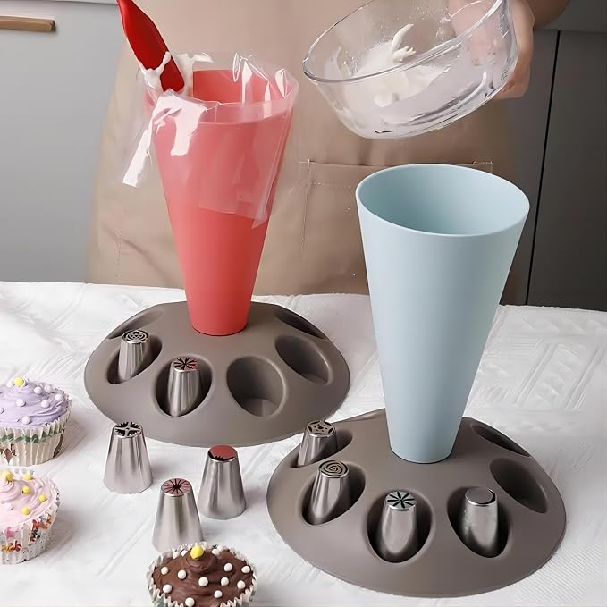 CRUIFU Piping Bag Holder Stand for Filling, Pastry Bag Holder Stand, Decorating Bag Holder with 8 Slots Nozzles Holder, Plastic Pastry Bag Stand for Cake Decorating Kit, Baking Accessories (Red) | Keeps piping bags upright for cleaner filling, making d...
