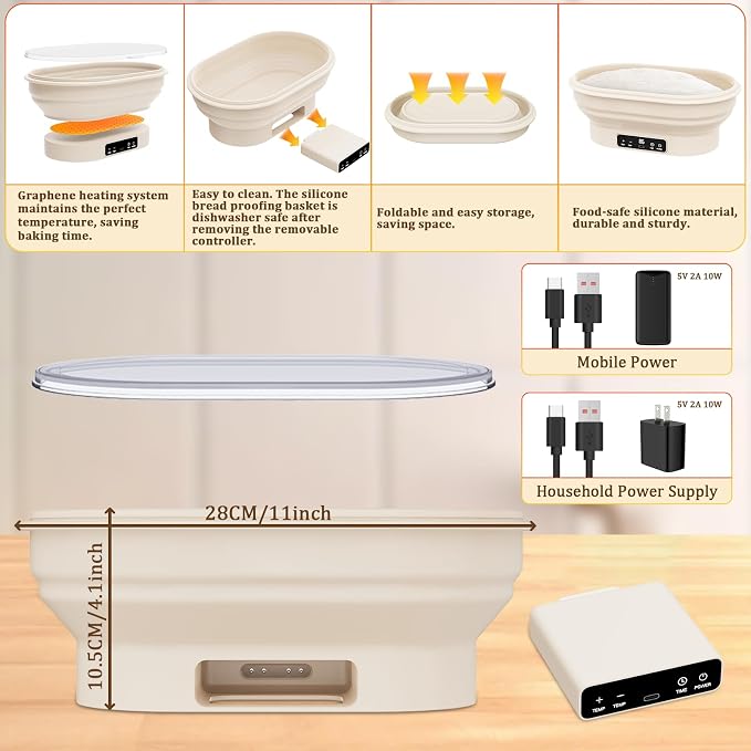 PChero Heating Sourdough Bread Proofing Basket with 6 Temp & Timer, 11" Oval Sourdough Starter Kit, Foldable Silicone Bread Bowl, Bread Baking Supplies