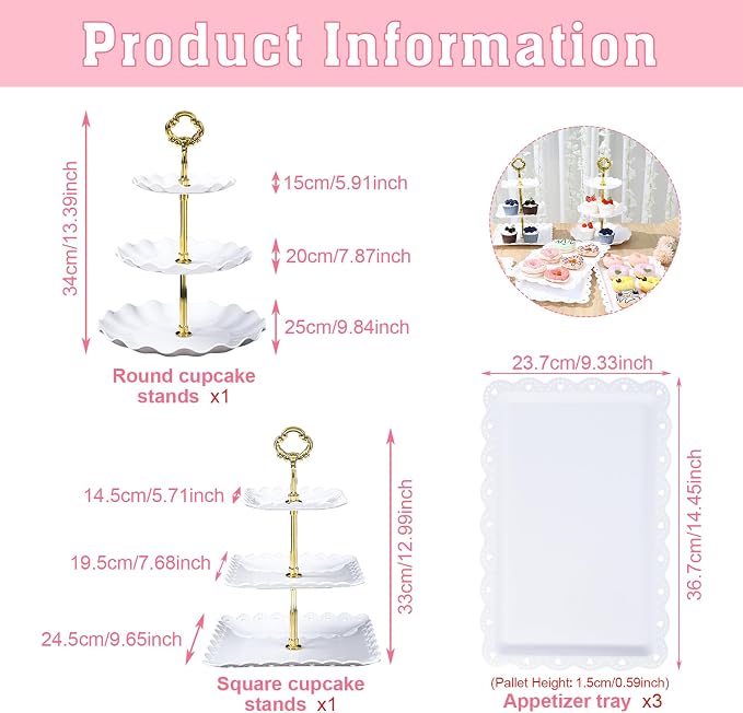 Frigg Dessert Table Display Set,5Pcs Cake Stand,2Pcs 3 tiered Cupcake Stands and 3Pcs Dessert Trays serving trays for Party Baby Shower Wedding Tea Party