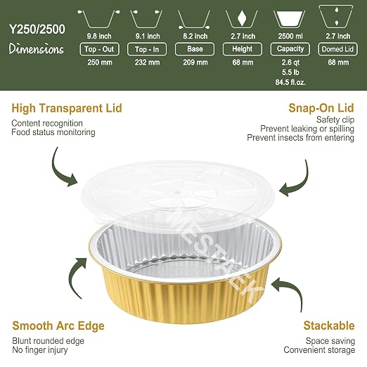 84oz Deep Round Aluminum Foil Pans with Lids, 5 Pack | 10 Inch Round, 2.7 Inch Deep, Heavy Duty Foil, Ideal for Baking, Meal Prep and Food Storage
