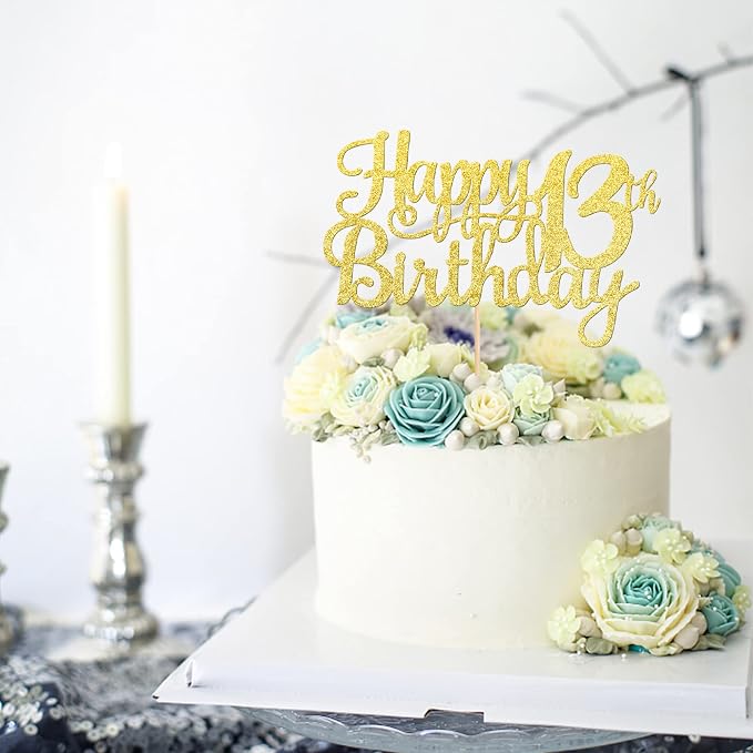 1 PCS Happy 13th Birthday Cake Topper Gold Glitter Cheers to 13 Years Birthday Cake Pick Official Teenager 13 Fabulous Cake Decoration for Happy 13th Birthday Theme Party Decorations Supplies