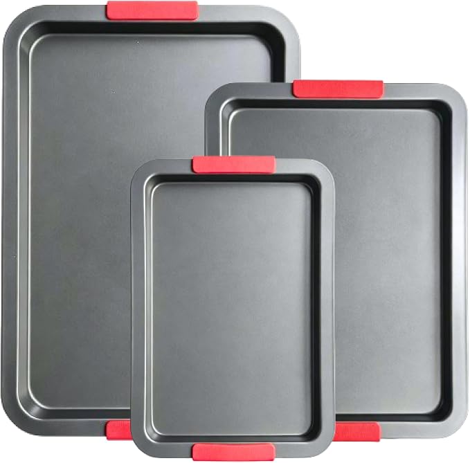 Kikcoin Nonstick Cookie Sheets for Baking Set of 3, Carbon Steel Sheet Pans with Lychee Silicone Handles, 2X Thick Ceramic Coating PFOA-Free, Small Medium Large Stackable Baking Pans for Oven, Grey
