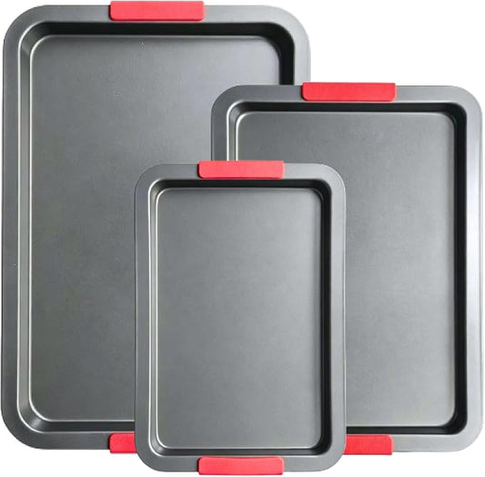 Kikcoin Nonstick Cookie Sheets for Baking Set of 3, Carbon Steel Sheet Pans with Lychee Silicone Handles, 2X Thick Ceramic Coating PFOA-Free, Small Medium Large Stackable Baking Pans for Oven, Grey