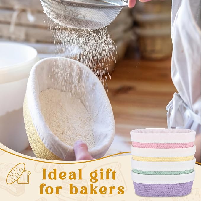 4 Pcs 10 Inch Bread Proofing Basket Set Cotton Rope Oval Banneton Basket Sourdough Bread with Liners Covers for Baking Supplies (Rich Color)