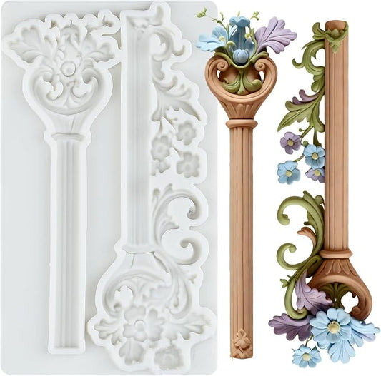 Roman Column Silicone Fondant Mold Baroque Relief Flower Pillars Molds for Cake Decorating Chocolate Cupcake Topper Candy Polymer Clay Gum Paste