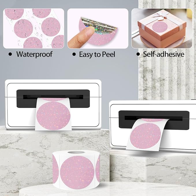 2''Holographic Thermal Label,Round Self-Adhesive Direct Thermal Label,Thermal Stickers for DIY Logo Design,Name Tag (300/Roll Pink Starry Sky