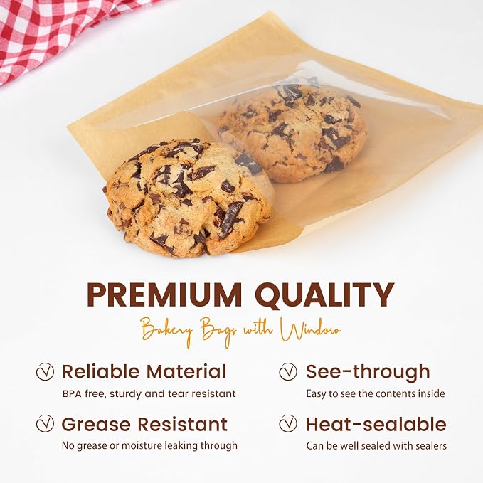200 Pack Cookie Bags with Seal, 7.1x7.5 Inch Heat Sealable Bakery Bags with Window Grease Resistant Paper Packaging Sleeves for Bake Sale Bagel, Cake Slice, Sandwich, Donut, Pastry