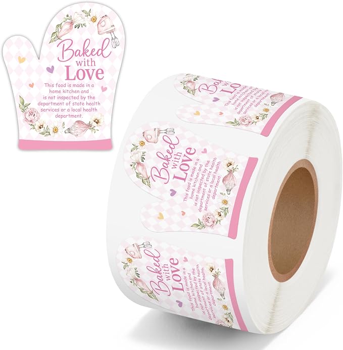 PANTIDE 500 Count Baked with Love Cottage Food Law Labels Stickers (Pink) | Flower Adhesive Oven Mitt Shaped Decal Roll, Made in A Home Kitchen, Inspection Statement Thermal Printed, for Food Packaging