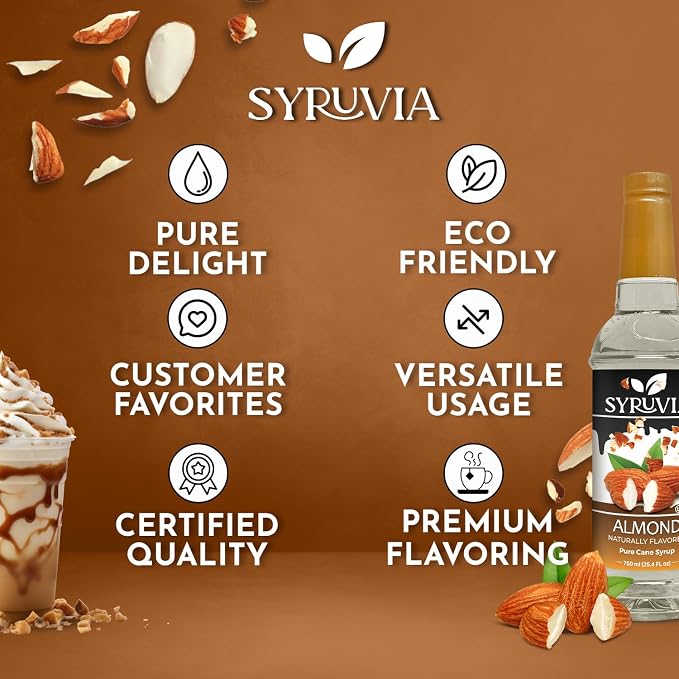 Syruvia Coffee Syrup, Almond Flavored Syrup for Drinks, Lattes, and Desserts, Natural Flavors – 25.4 fl oz - with Pump