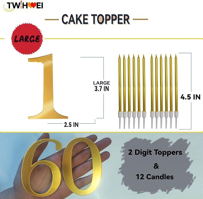 3.7IN Gold Acrylic Number 1 Cake Topper with 12 Gold Long Candles - Perfect for 1st Birthday Party Supplies, Ideal for Cake Decoration