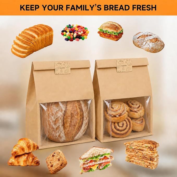 Extra Large Bread Bags for Homemade, 200 Count, 50% Thicker Sourdough Paper With Ties, 15.7*10.2*5.1 in, Tin Tie Tab Lock Bakery Bags With Window and Sealing Stickers for Storage Packaging Gifting