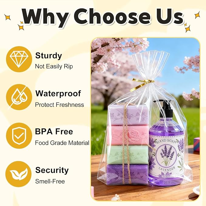 PigPotParty Cellophane Bags 12x16 Inch, 100 Pack Clear Plastic Gift Bags, Bottom Gusset for Stand-Up Display, Medium Cello Wrap for Large Goodies, Treats, Party Favors, Mugs, Includes 100 Gold Ties