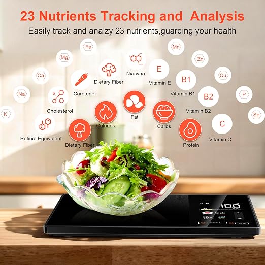 Smart Kitchen Food Scale with Nutritional Calculator, Calorie Fat Carbs Protein Tracker, Free App, Barcode Scan, Food Preload, 23 Nutrients, On-Screen Display, Personal Goals, 11 lb / 5 kg