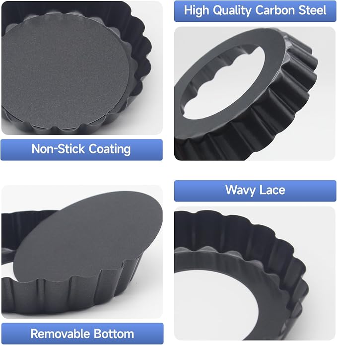6 Pack Mini Fluted Tart Pans 4 Inch with Removable Bottom, Nonstick Quiche Pan with Silicone Basting Pastry Brush for Baking Treats, Pie, Quiches, Tartlets