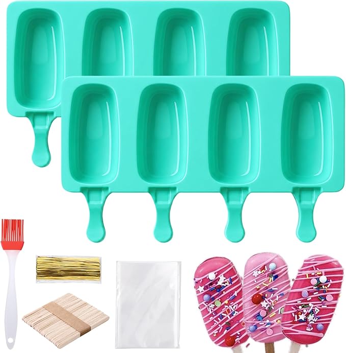 Juome Cake Pop Mold Kit, 2 Pack 8 Cavities Cakesicle Molds Silicone with 100 Wooden Sticks & 100 Packaging Bags with Ties, Cake Pop Maker Supplies Accessories, Baking Tools for Home Desserts (Green)